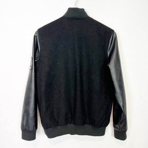 Obey black faux leather sleeves Embroidered Patch bomber jacket S - Picture 7 of 9